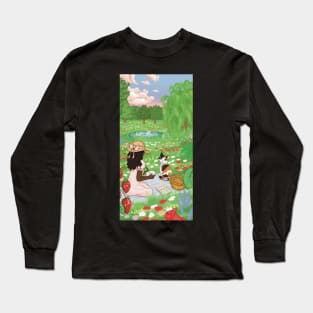 cottagecore illustration girl and cat picnic meadow Long Sleeve T-Shirt